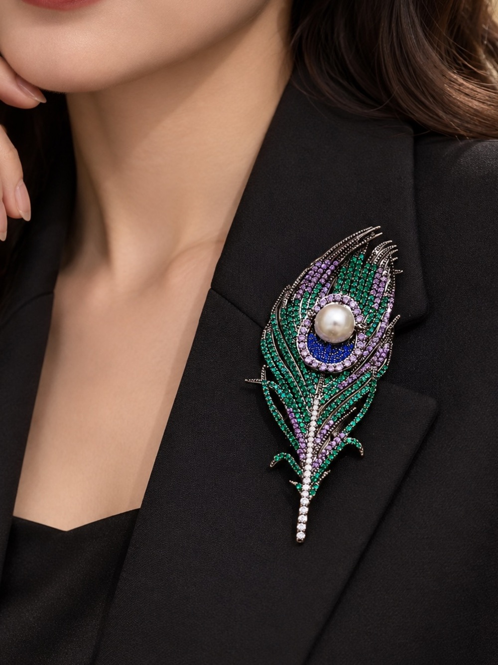 Peacock Feather Crystal Brooch